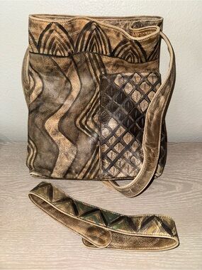 Vintage Jane Yoo hand-painted leather, wearable art, leather shoulder bag 1980s